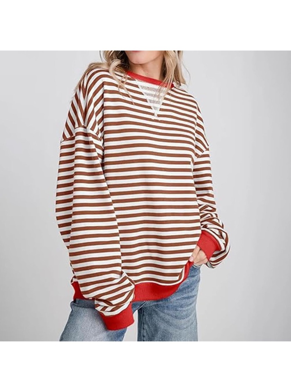 Striped Brown & White Oversized Sweatshirt with Red Trim